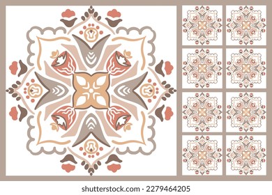Ceramic majolica tile pattern. Sicily , mexican talavera, portuguese azulejo decor. Mediterranean Italian. Spanish art for floor, kitchen, textile. Design of pottery ornaments in pastel beige color
