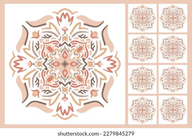 Ceramic majolica tile pattern. Sicily , mexican talavera, portuguese azulejo decor. Mediterranean Italian. Spanish art for floor, kitchen, textile. Design of pottery ornaments in pastel beige color