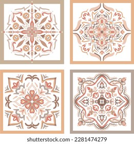 Ceramic majolica tile pattern. Sicily , mexican talavera, portuguese azulejo decor. Mediterranean Italian. Spanish art for floor, kitchen, textile. Design of pottery ornaments in pastel beige color