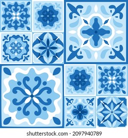 Ceramic majolica tiles pattern in blue cobalt colors. Azulejo, Spanish patchwork, floral ornaments, Portuguese background. Decorative kitchen pottery design, vector illustration.