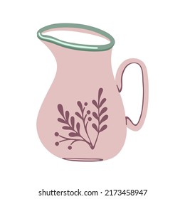 Ceramic milk jug with herbal ornament.  Capacity for drink. Handmade tableware. Vector illustration isolated on white background.
