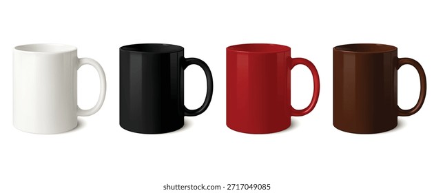 Caneca de cerâmica e xícara mockups para café e chá branding em branco, branco, preto e vermelho, molde marrom para mercadorias imprimíveis. Conjunto de vetores de renderização 3D realista