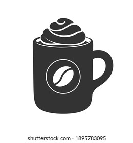 Ceramic mug filled with coffee and cream, and a coffee bean sign silhouette. Modern minimal flat clip art vector illustration design.