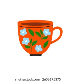 Keramischer Becher mit floralem Muster. Teetasse mit floraler Dekoration. Teetasse im modernen trendigen Stil. Flache Vektorgrafik einzeln auf weißem Hintergrund. Keramisches Trinkgeschirr.