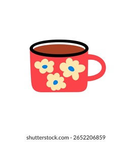 Caneca de cerâmica com padrão de flor. Design plano, ilustração vetorial. Isolado em um fundo branco. Bela xícara de chá. Moderno bebedouro moderno.