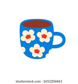 Caneca de cerâmica com padrão de flor. Design plano, ilustração vetorial. Isolado em um fundo branco. Bela xícara de chá. Moderno bebedouro moderno.