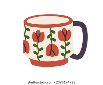 Ceramic mug with flower pattern. Modern tea and coffee cup painted and decorated with floral print. Beautiful teacup. Cute crockery, pottery. Flat vector illustration isolated on white background