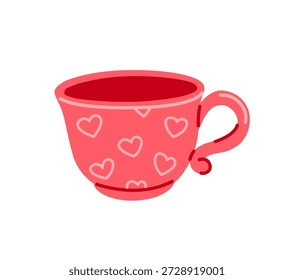 Taza de cerámica con patrón de corazones. Regalo de la taza del día de San Valentín. Concepto de desayuno romántico. Ilustración vectorial dibujada a mano.