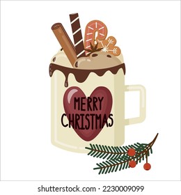 Ceramic mug with hot chocolate and Christmas cookies.
