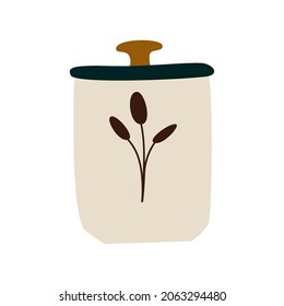 Ceramic mug with hot drink and lid. A porcelain cup with tea or coffee. Vector illustration in a flat cartoon hand-drawn style. Isolated on a white background.