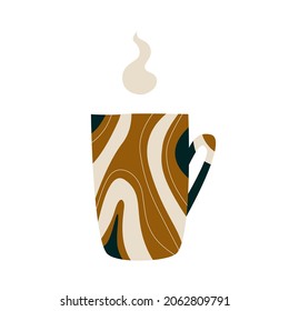 Ceramic mug with a hot drink. A porcelain cup with tea or coffee with smoke or steam. Vector illustration in a flat cartoon hand-drawn style. Isolated on a white background