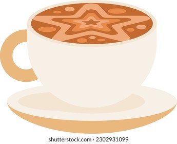 Ceramic mug with hot sweet cocoa and foam pattern on surface in form of five pointed star. Invigorating coffee drinks. Simple colored flat vector icon isolated on white background