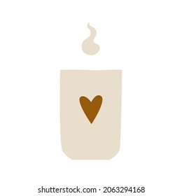 Ceramic mug with the image of a heart with a hot drink. A porcelain cup with tea or coffee with smoke or steam. Vector illustration in a flat cartoon hand-drawn style. Isolated on a white background.