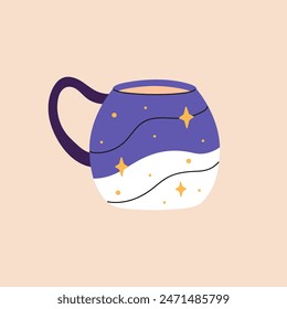 Ceramic mug with night sky pattern for drinks, water. Cute cup of coffee, tea decorated with stars, sparkles print. Design of pottery teacup with round shape. Flat isolated vector illustration