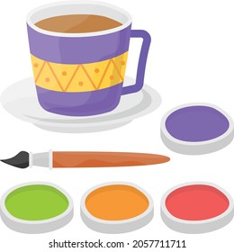 Ceramic Mug Painting Kit Concept,  Handmade Printed Cup Vector Color Icon Design, Hobby Symbol, Leisure time Activity Sign, Hobbyists and Handicraft Stock Illustration