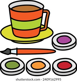 Concepto del kit de pintura de cerámica para cerámica, diseño de iconos de color de la copa impresa a mano, símbolo de hobby, signo de actividad en tiempo de ocio, hobbyistas e ilustración de material de artesanía