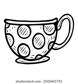 Ceramic mug with polka dots hand drawn doodle. Kitchen utensils for writing. Cup in retro style. Vector outline line art illustration.