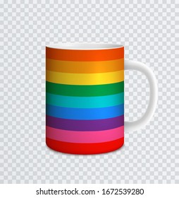 Ceramic mug with rainbow spectrum of colors isolated on transparent background. Mock up coffee tea cup.