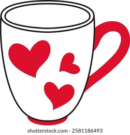 Ceramic mug with red hearts doodle style Hand drawn trendy flat style love isolated icon Romantic symbol of love for web graphic design poster tattoo Valentines Day card line art Vector illustration