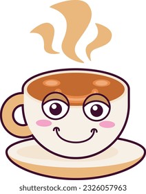 Ceramic mug smiling character with hot Coffee and foam pattern on surface in form of happy smiling face. Cheerful mascot of children holiday and coffee party. Simple colored flat vector