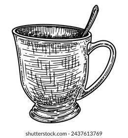 Ceramic mug with spoon sketch. Drinkware tea coffee. Kitchen cup. Hand drawn vector illustration.