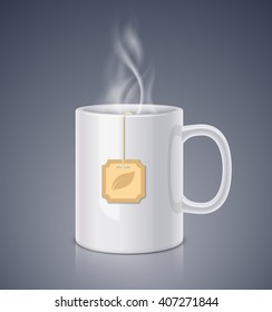 Ceramic mug and steam with tea bag. Realistic vector illustration