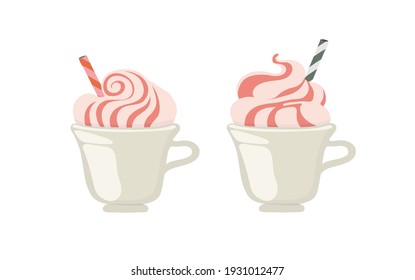 Ceramic mug. Strawberry topping. Ice cream, cocktail, milkshake, smoothie. Outline vector illustration on a white background.