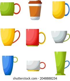 Ceramic mug for tea, coffee and hot drinks. A set of colorful drinking cups. The layout of classic porcelain dishes.
