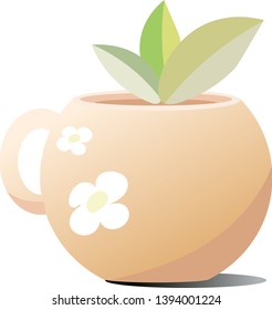 Ceramic mug with tea. Figure in the form of tea flowers. Tea leaves sticking out of the tea.