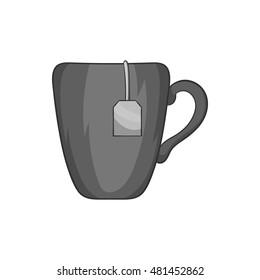 Ceramic mug with teabag label icon in black monochrome style on a white background vector illustration