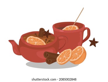 Ceramic mug and teapot. Hot fruit tea with spices for immunity. Oranges. Spices, cinnamon. Isolated vector colorful element. 