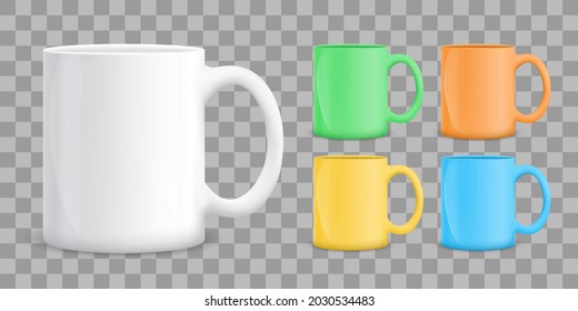Ceramic mug templates set. Mockup isolated on transparent background. Vector illustration.