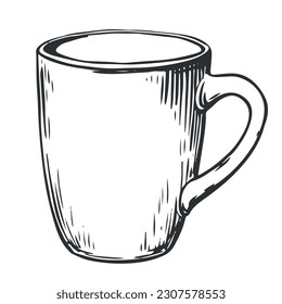 Ceramic mug. Vector sketch of a white cup for hot coffee or tea. The drawing is highlighted on a white background in the style of an engraving. Hand-drawn illustration for a cafe.