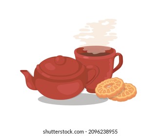 Ceramic mugs and a teapot. Tea time and cookies. Vector illustration isolated element on a white background. 