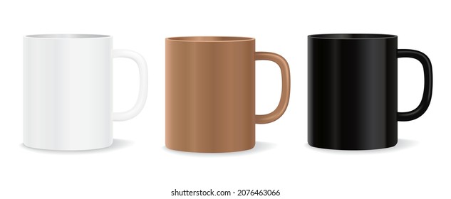 Ceramic Mugs Vector Mockup With White, Black and Brown Colors. Blank coffee cup templates for design.