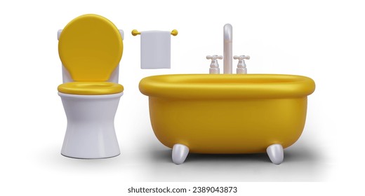 Ceramic new toilet, bath and handle towel. Body care and skincare in bathroom concept. Washing and clean. Vector illustration in 3d style with yellow elements