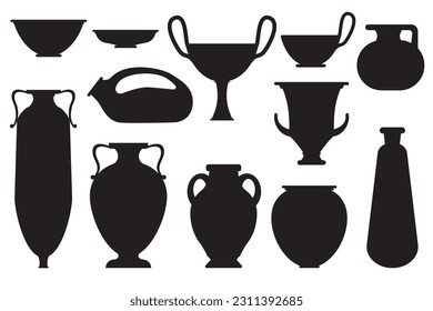 Ceramic objects from the classical period. Rome, Egypt and Greece style. Vector silhouettes.