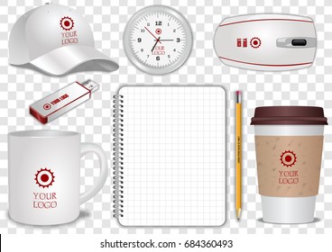 Ceramic and Paper Coffee Cup, clock, spiral notebook, pencil, computer mouse, flash drive and baseball cap isolated on transparent background. Display Mock up for corporate identity.