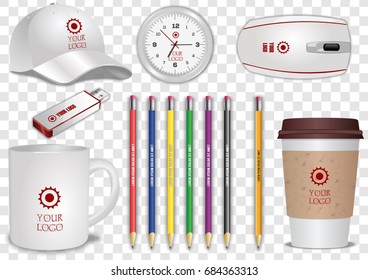 Ceramic and Paper Coffee Cup, USB Flash drive, wall Clock, Pencils, Computer Mouse and baseball Cap isolated on transparent background. Display Mock up for corporate identity and promotion objects