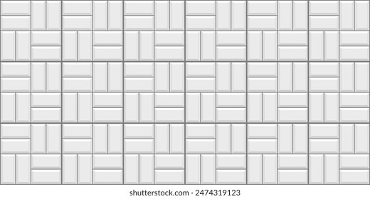 Ceramic pattern background. White kitchen backsplash. Tile subway wall. Apron faience print. Cement texture. Seamless brick metro. Retro rectangle brickwall. Vintage stone surface. Vector illustration