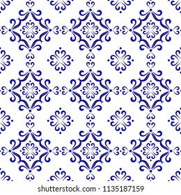 ceramic pattern, blue and white Chinese backdrop for design, porcelain, chinaware, tile, ceiling, texture, wallpaper silk and fabric, vector illustration, beautiful tile seamless background