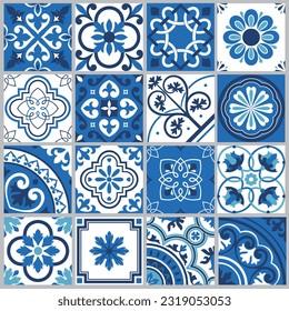 Keramikmuster und mediterrane Böden. Ethnische Volksverzierungen. mexikanische Talavera, portugiesische Azulejo oder spanische Majolika. Vektorgrafik