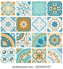 Ceramic pattern and Mediterranean floors. Ethnic folk ornaments. Mexican Talavera, Portuguese azulejo or Spanish majolica. Vector illustration
