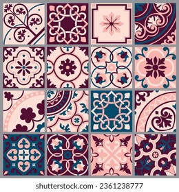 Ceramic pattern and Mediterranean floors. Ethnic folk ornaments. Mexican Talavera, Portuguese azulejo or Spanish majolica. Vector illustration