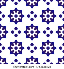 ceramic pattern motif style, Seamless porcelain decor, cute indigo background, blue and white flower backdrop for design floor, wallpaper, tile, texture, fabric, silk, paper vector illustration