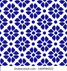 ceramic pattern motif style, Seamless porcelain decor, cute indigo background, blue and white flower backdrop for design floor, wallpaper, tile, texture, fabric, silk, paper vector illustration