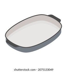 Ceramic pie pan. Round deep pan for baking pie in oven. Isometric icon. Vector illustration isolated on white background.