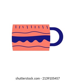 Ceramic pink and blue mug with modern ornament. Colored flat vector illustartion isolated on white background