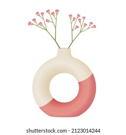 Ceramic pink round donut vase with flowers, interior decoration