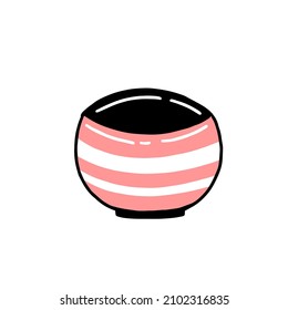 Ceramic pink and white striped cup in simple doodles style. Vector illustration isolated on white background.